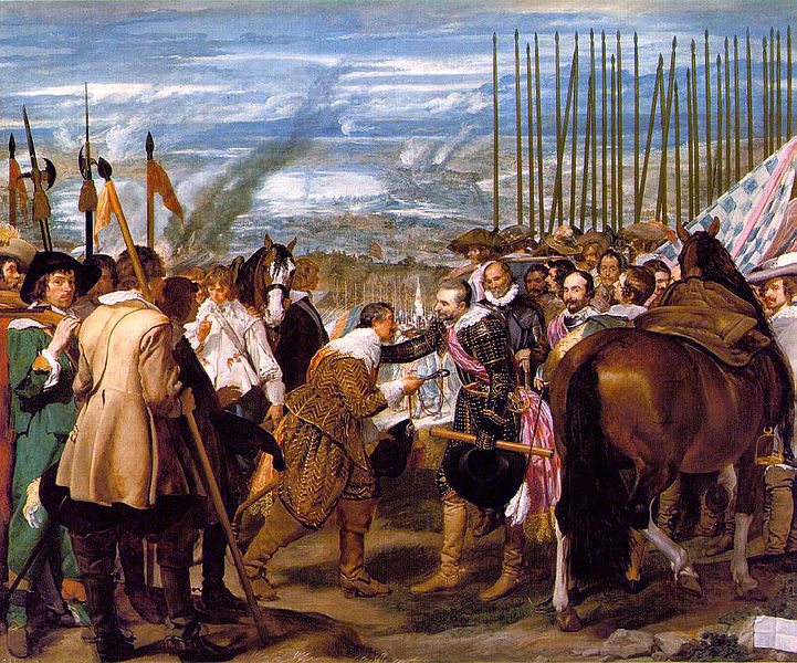 The Surrender of Breda,  1625, 5 June, during the last stages of the Eighty Years  War (1568-1648) between the Seventeen Provinces and the Spanish Hapsburg Empire,  by Diego Velazquez (1599-1660), Museo Nacional del Prado, Madrid, painted 1634-5.